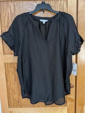 Black Sheer Ophelia Roe Short Sleeve Blouse with Ruffles - size medium, M/L- NWT